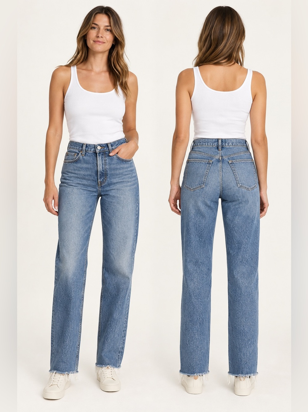 Abercrombie 90s Relaxed High Rise Raw Hem Jeans Medium Wash 32 14 Long NWT